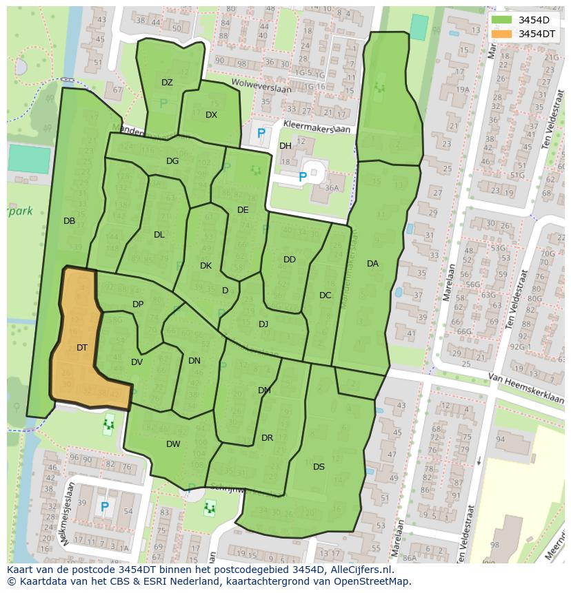 Afbeelding van het postcodegebied 3454 DT op de kaart.