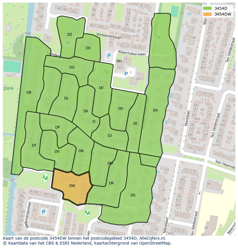 Afbeelding van het postcodegebied 3454 DW op de kaart.