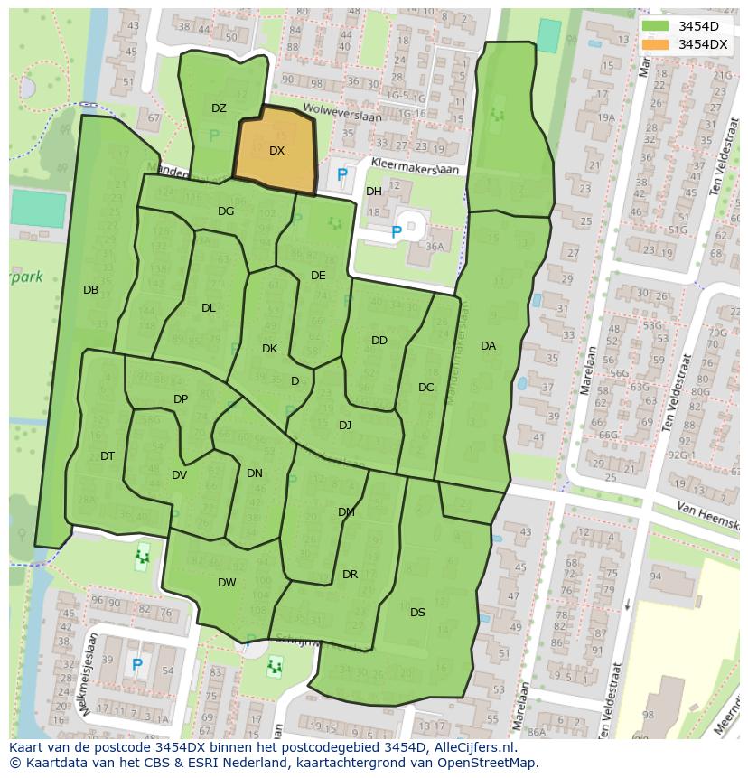 Afbeelding van het postcodegebied 3454 DX op de kaart.
