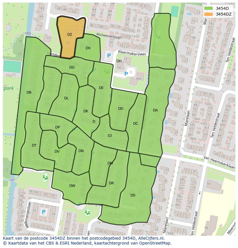 Afbeelding van het postcodegebied 3454 DZ op de kaart.