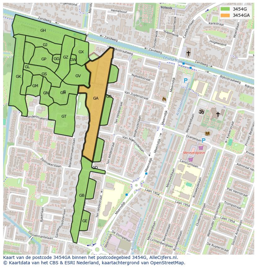 Afbeelding van het postcodegebied 3454 GA op de kaart.