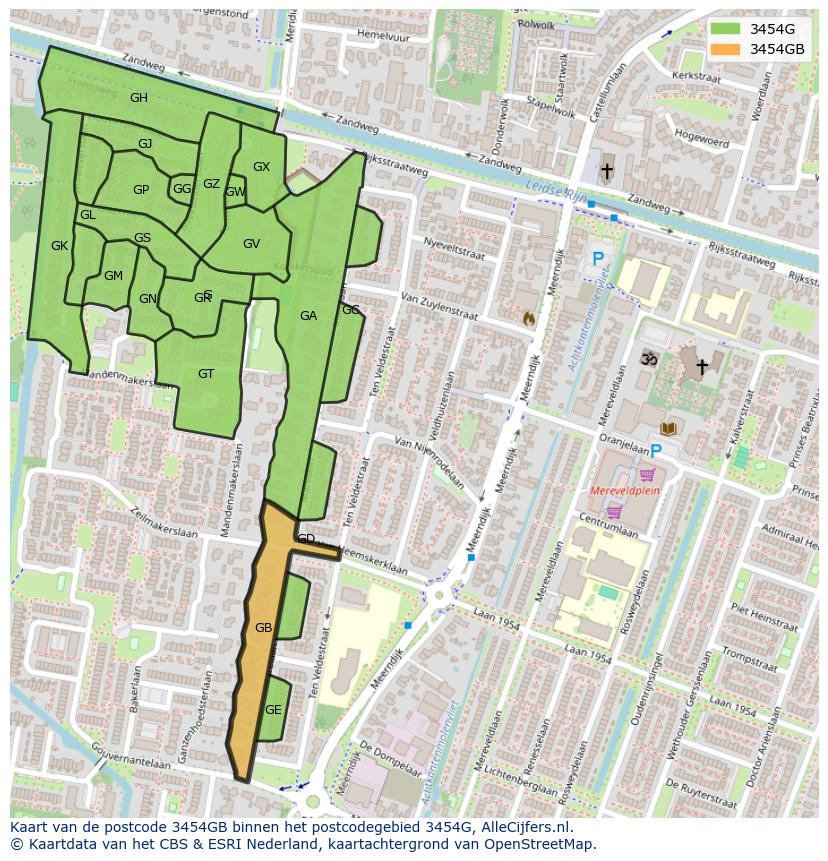 Afbeelding van het postcodegebied 3454 GB op de kaart.