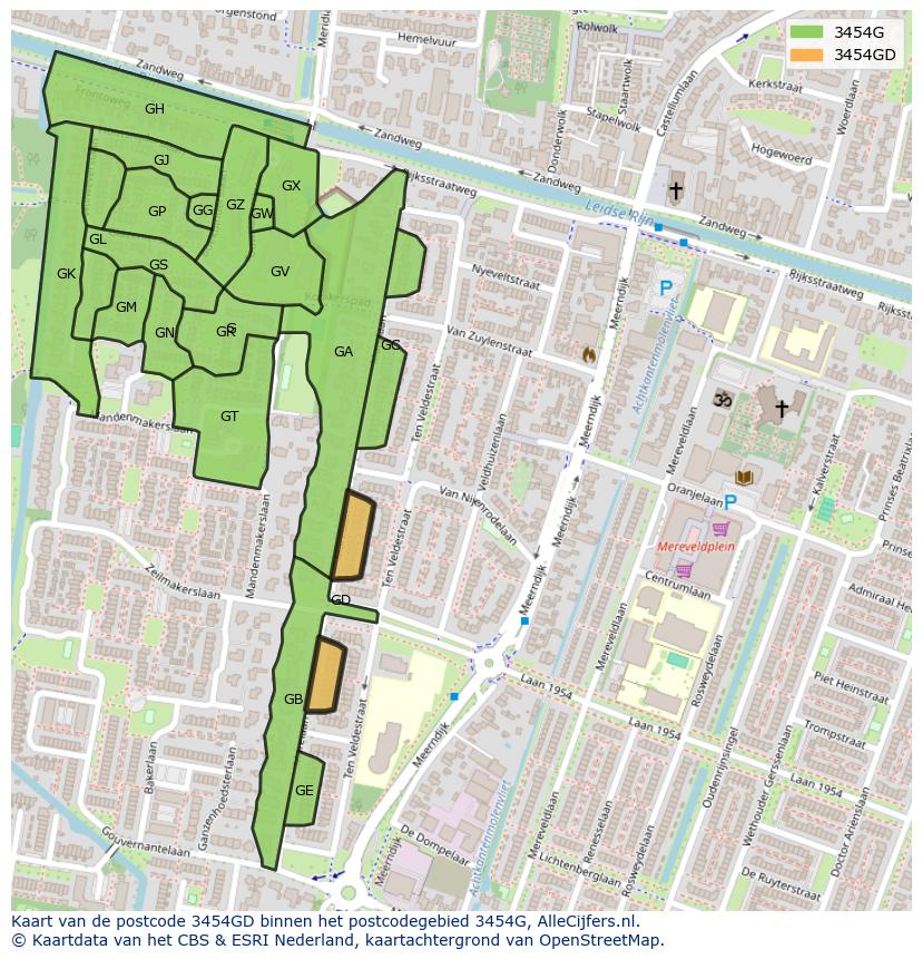 Afbeelding van het postcodegebied 3454 GD op de kaart.