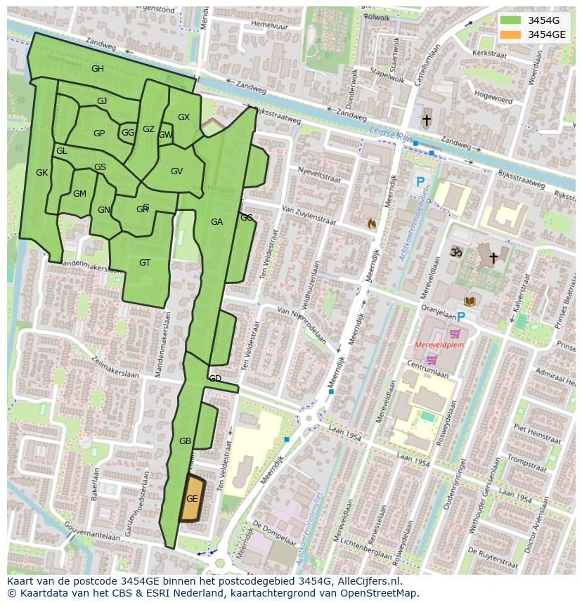 Afbeelding van het postcodegebied 3454 GE op de kaart.