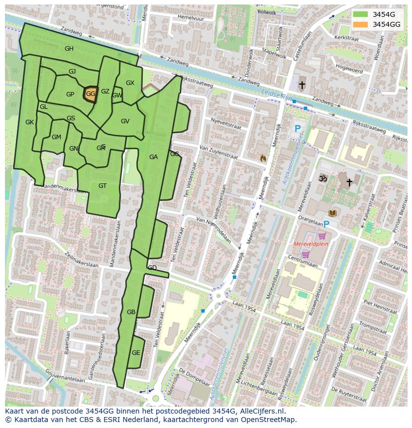 Afbeelding van het postcodegebied 3454 GG op de kaart.
