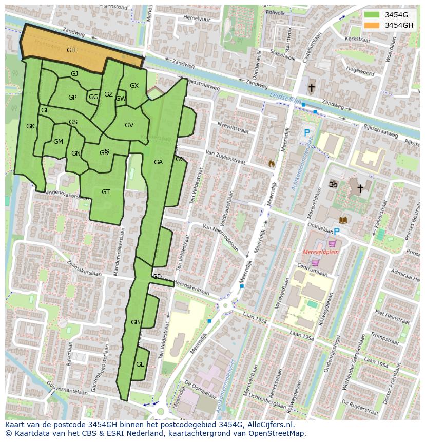Afbeelding van het postcodegebied 3454 GH op de kaart.