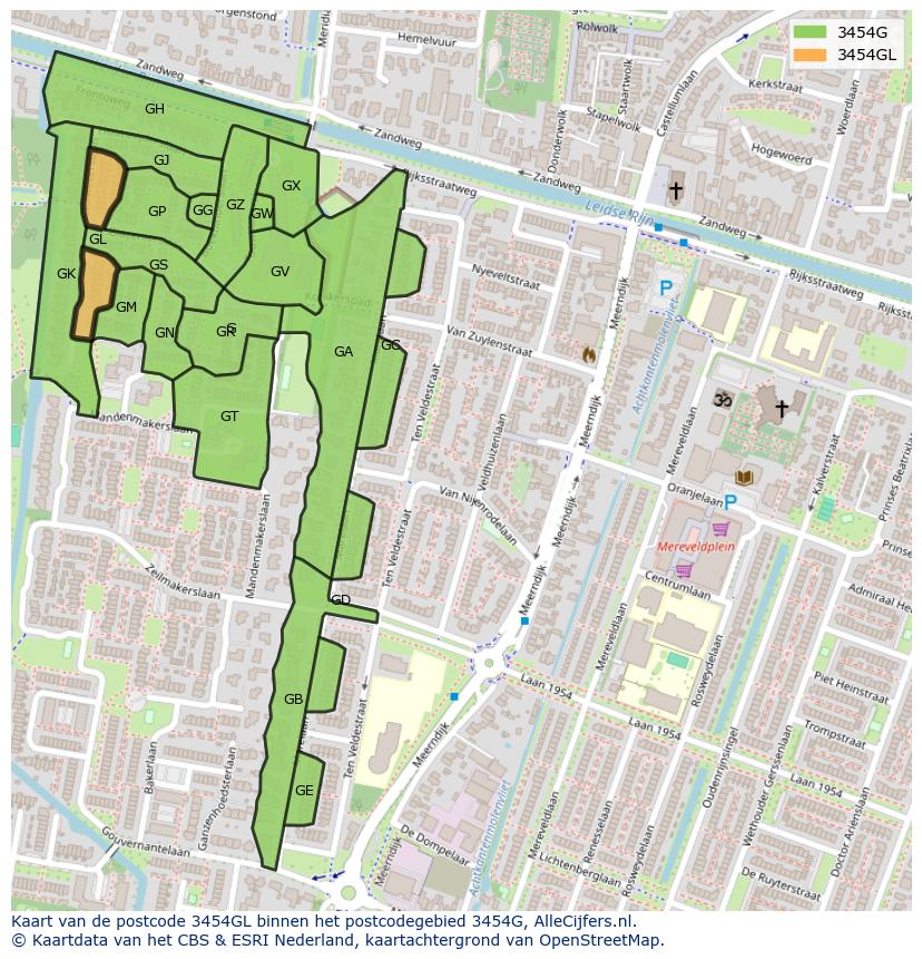 Afbeelding van het postcodegebied 3454 GL op de kaart.