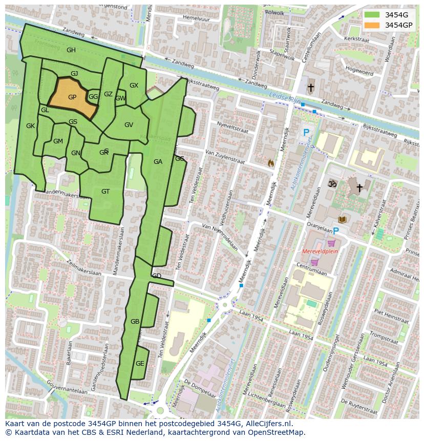 Afbeelding van het postcodegebied 3454 GP op de kaart.