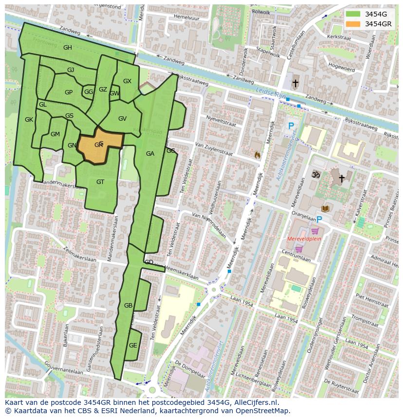 Afbeelding van het postcodegebied 3454 GR op de kaart.
