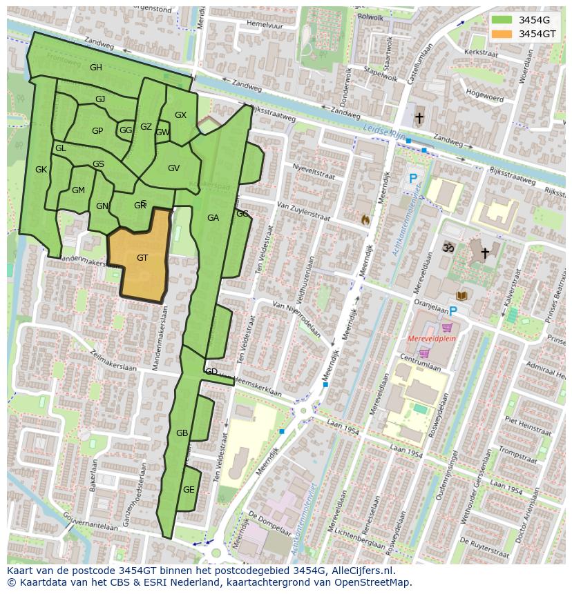 Afbeelding van het postcodegebied 3454 GT op de kaart.