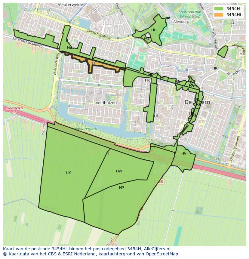 Afbeelding van het postcodegebied 3454 HL op de kaart.