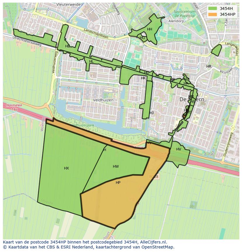 Afbeelding van het postcodegebied 3454 HP op de kaart.