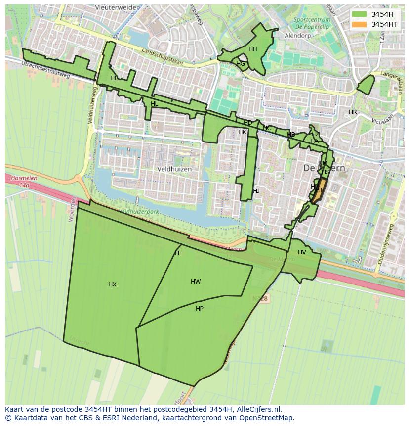 Afbeelding van het postcodegebied 3454 HT op de kaart.