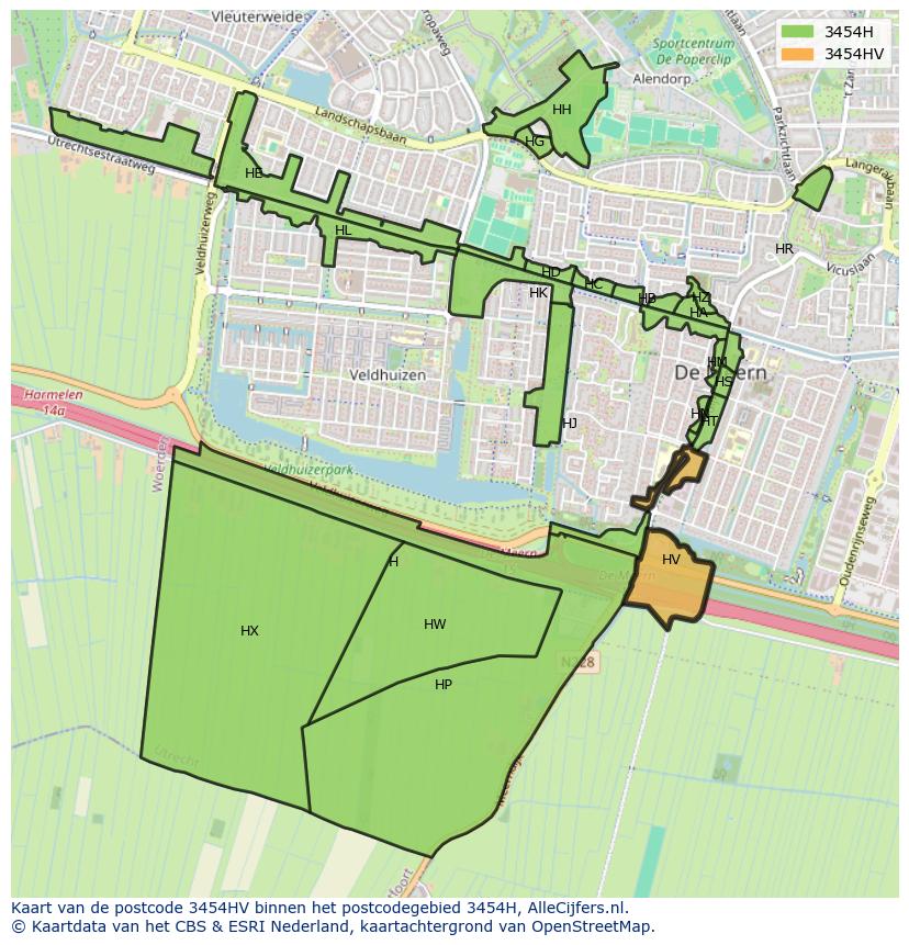 Afbeelding van het postcodegebied 3454 HV op de kaart.