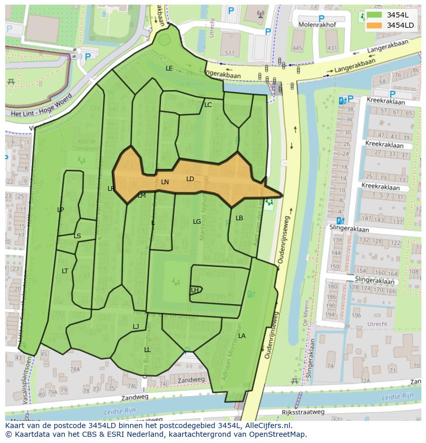 Afbeelding van het postcodegebied 3454 LD op de kaart.