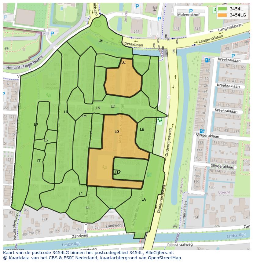 Afbeelding van het postcodegebied 3454 LG op de kaart.