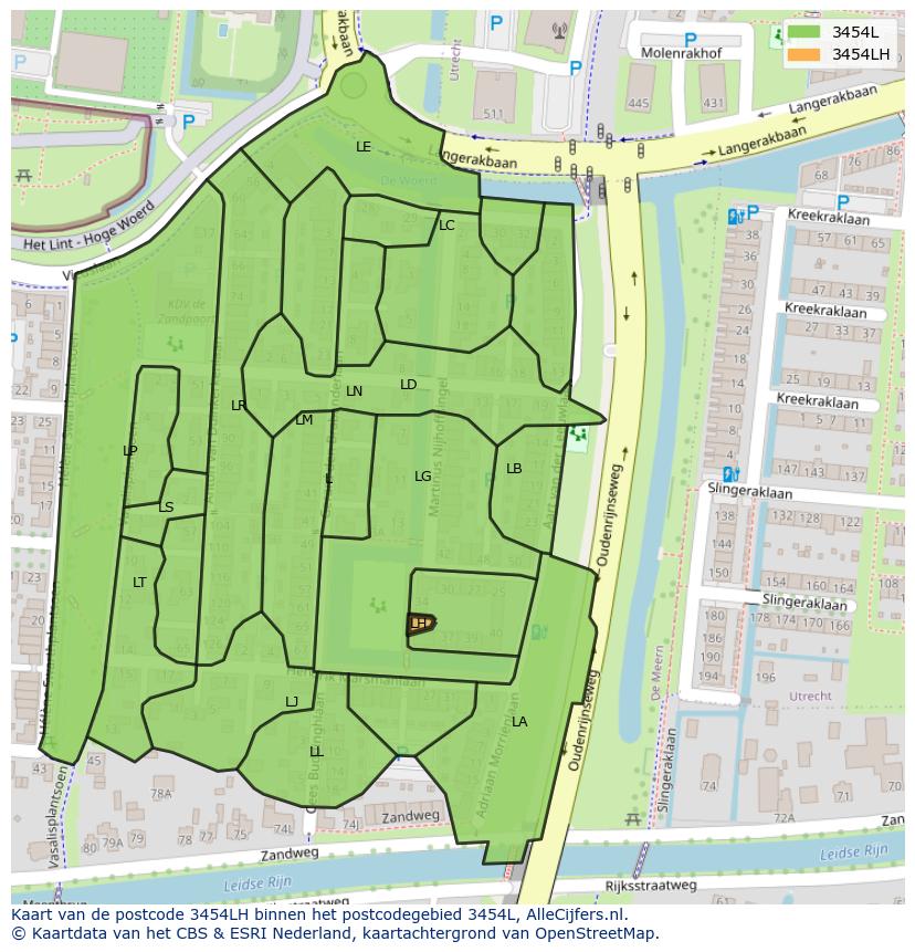 Afbeelding van het postcodegebied 3454 LH op de kaart.