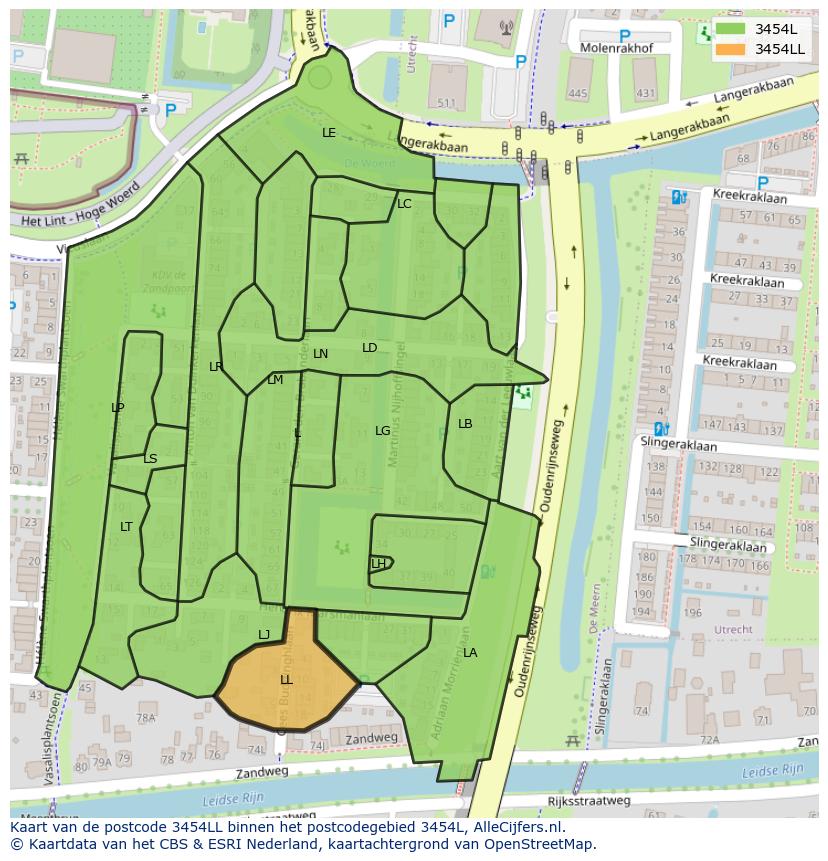 Afbeelding van het postcodegebied 3454 LL op de kaart.