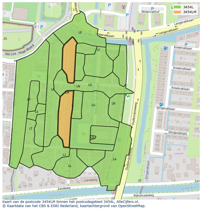 Afbeelding van het postcodegebied 3454 LM op de kaart.