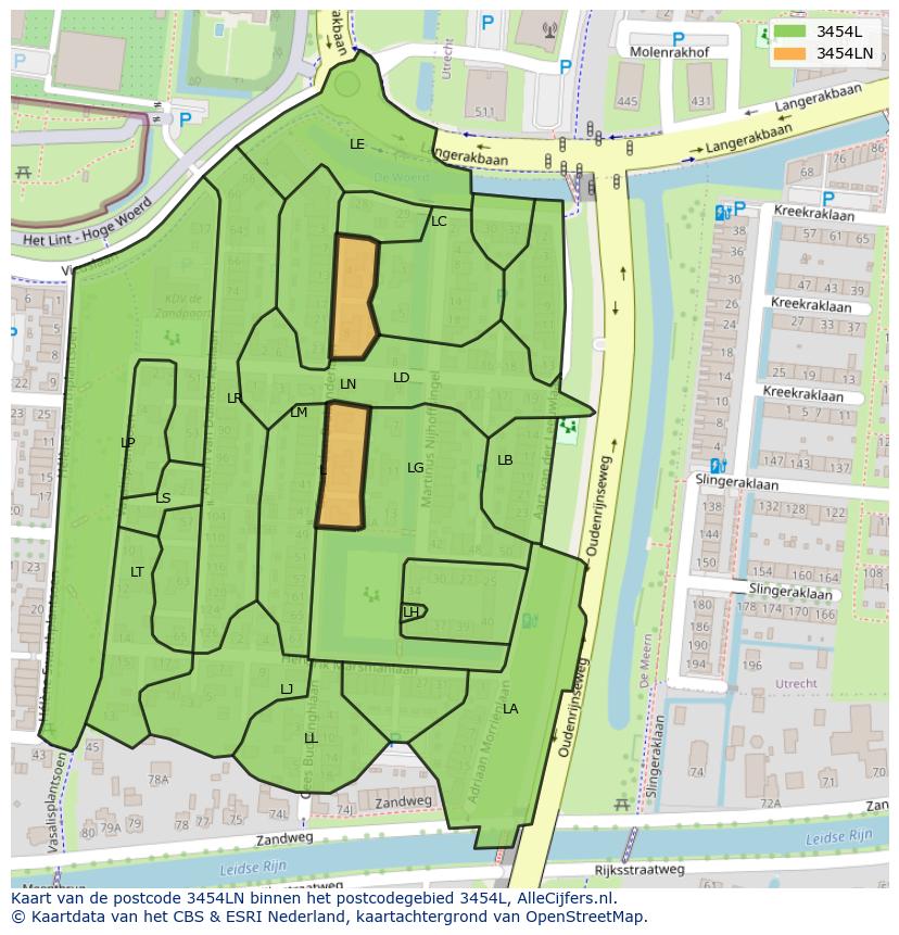 Afbeelding van het postcodegebied 3454 LN op de kaart.