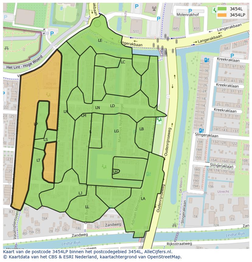 Afbeelding van het postcodegebied 3454 LP op de kaart.