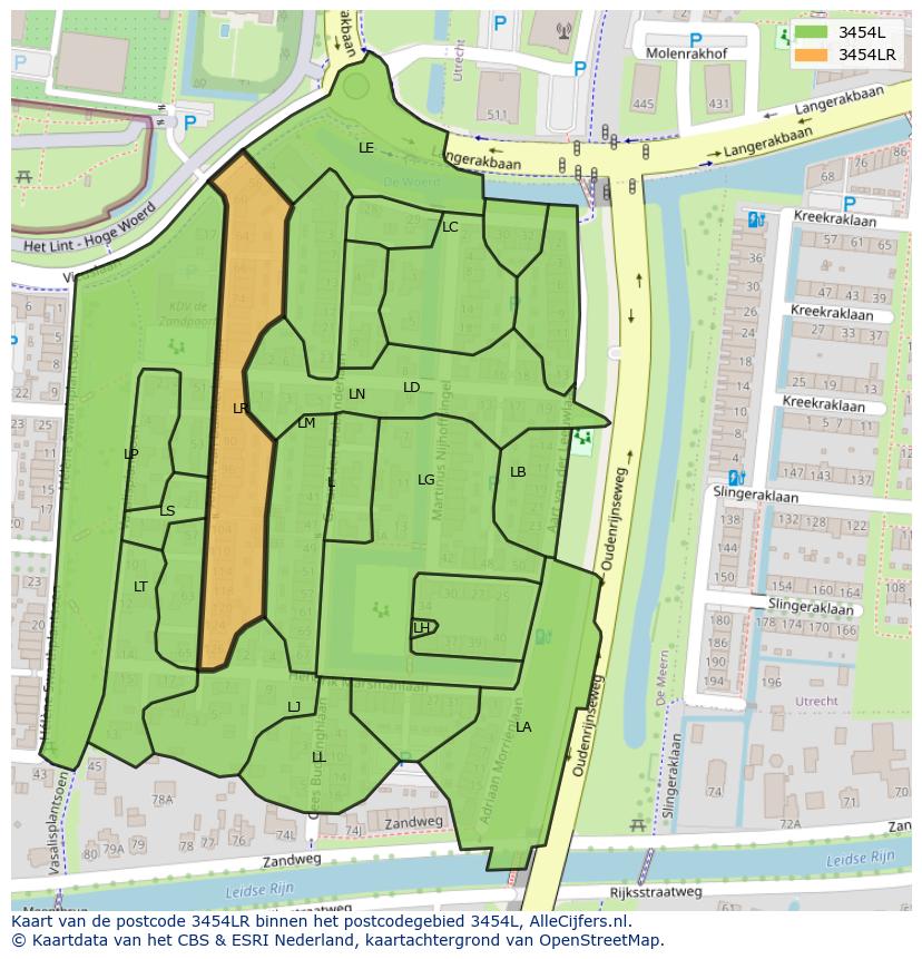 Afbeelding van het postcodegebied 3454 LR op de kaart.