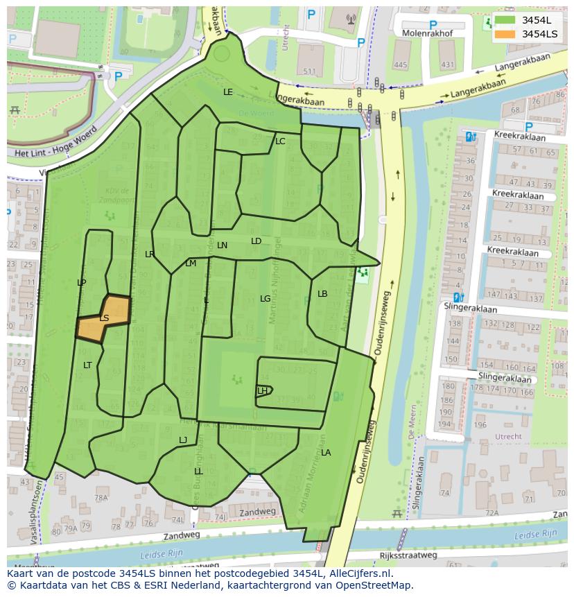 Afbeelding van het postcodegebied 3454 LS op de kaart.
