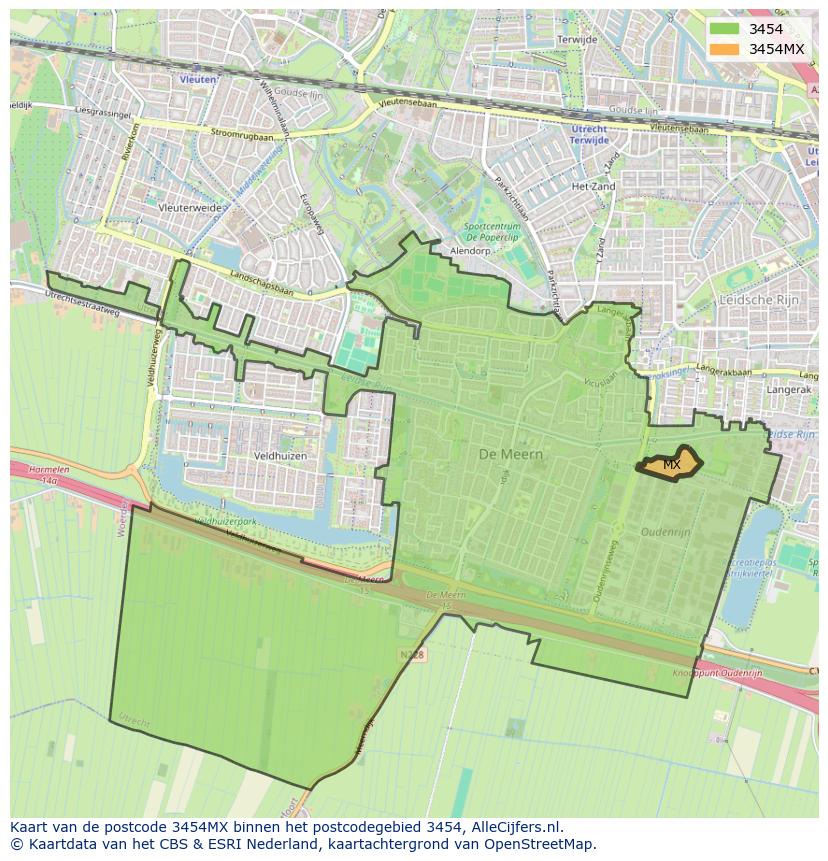 Afbeelding van het postcodegebied 3454 MX op de kaart.