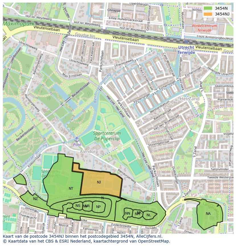Afbeelding van het postcodegebied 3454 NJ op de kaart.