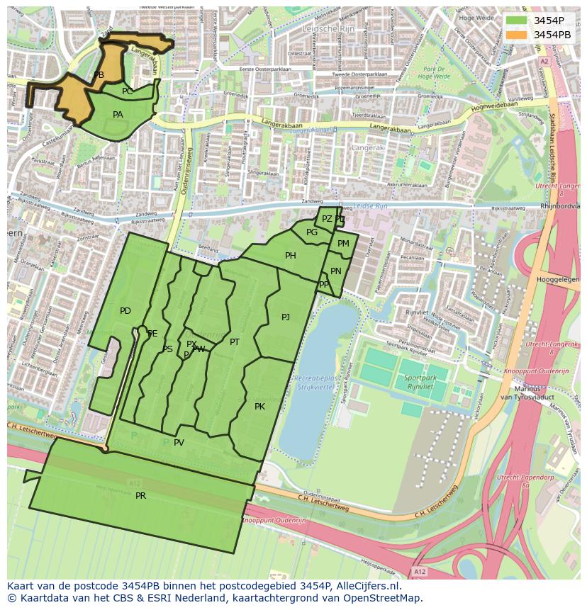 Afbeelding van het postcodegebied 3454 PB op de kaart.