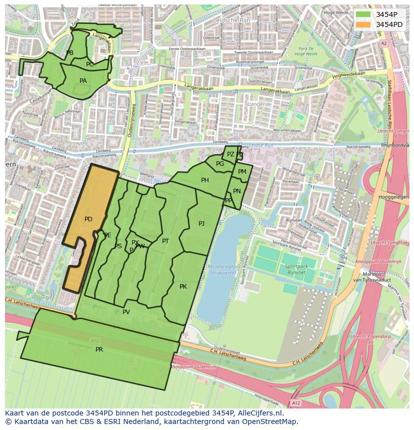 Afbeelding van het postcodegebied 3454 PD op de kaart.