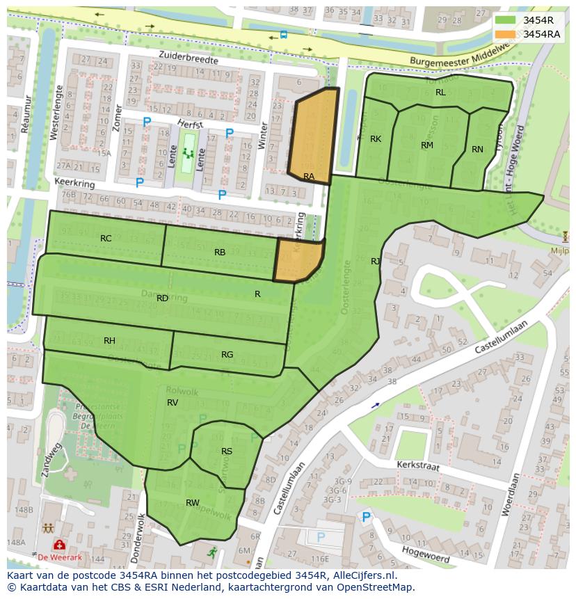 Afbeelding van het postcodegebied 3454 RA op de kaart.