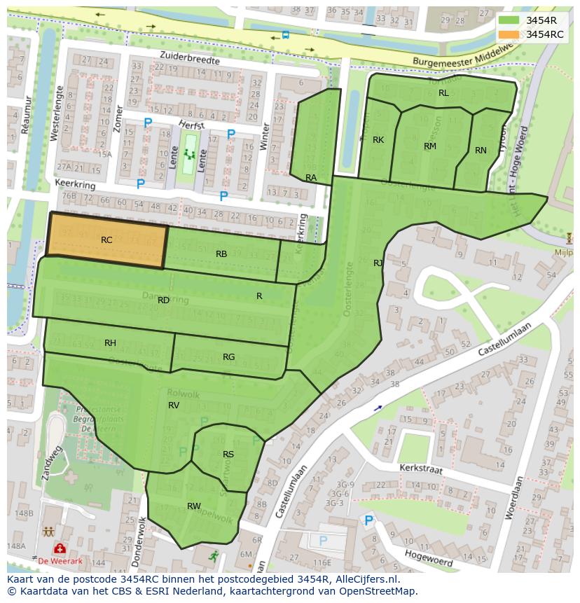 Afbeelding van het postcodegebied 3454 RC op de kaart.