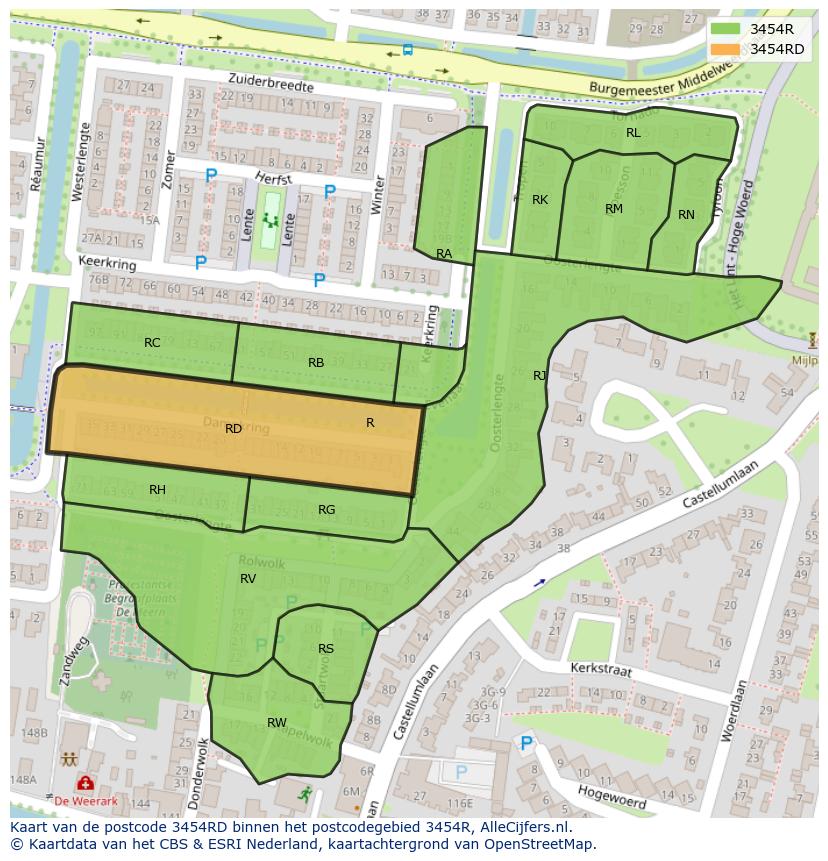 Afbeelding van het postcodegebied 3454 RD op de kaart.