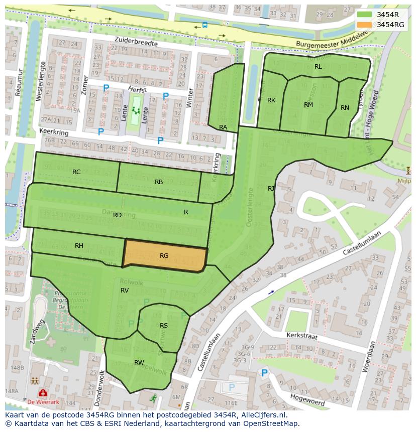 Afbeelding van het postcodegebied 3454 RG op de kaart.
