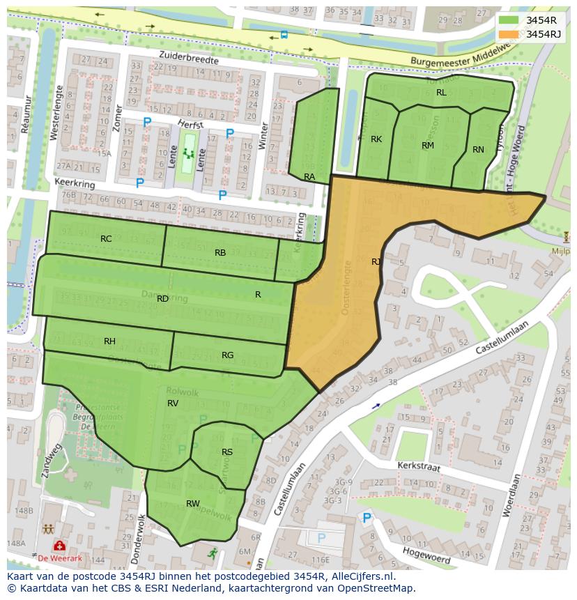 Afbeelding van het postcodegebied 3454 RJ op de kaart.