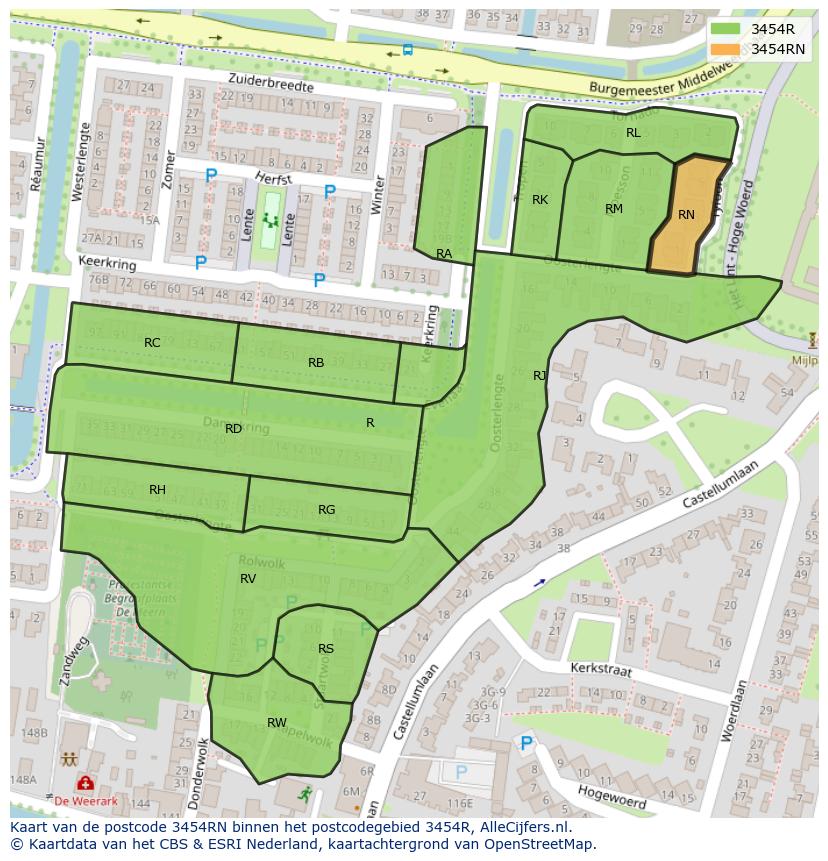 Afbeelding van het postcodegebied 3454 RN op de kaart.