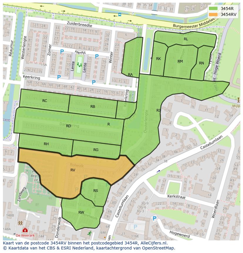 Afbeelding van het postcodegebied 3454 RV op de kaart.
