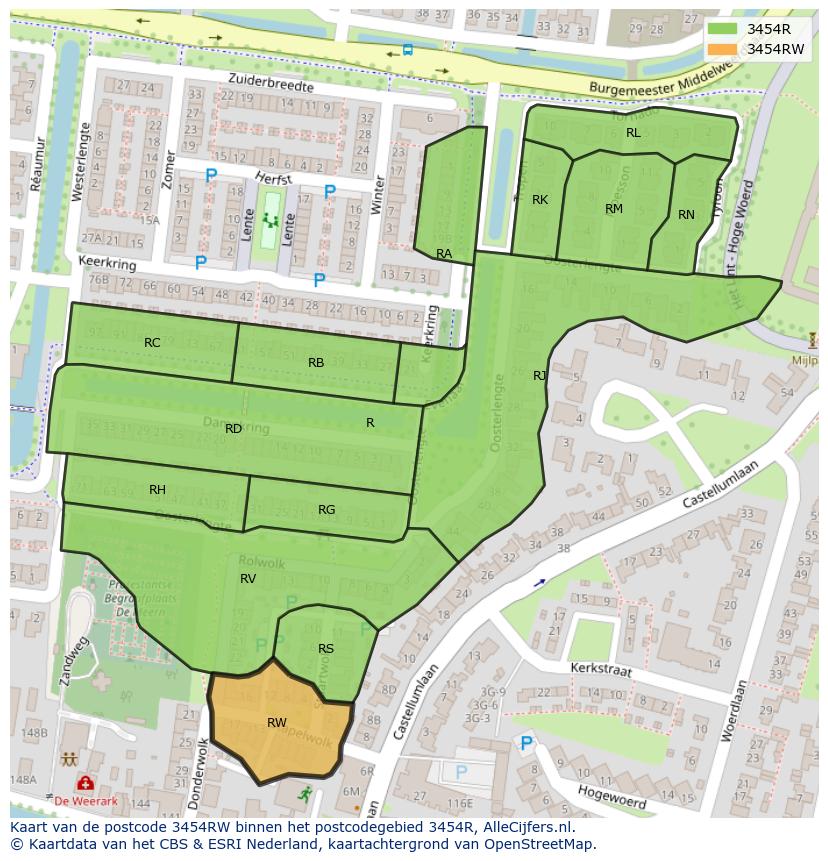 Afbeelding van het postcodegebied 3454 RW op de kaart.
