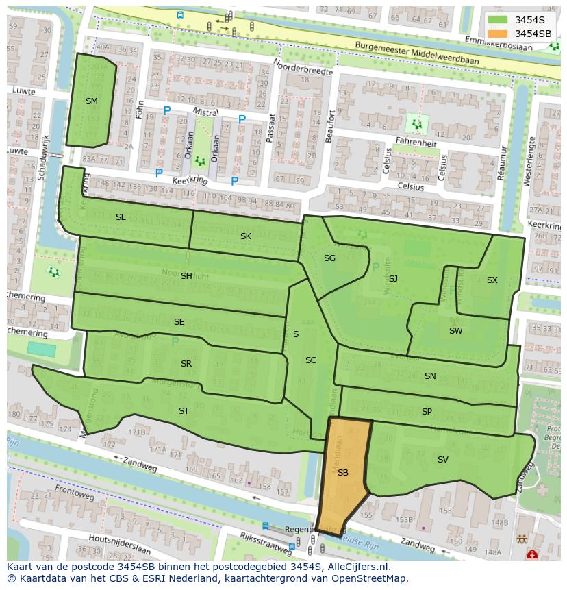 Afbeelding van het postcodegebied 3454 SB op de kaart.