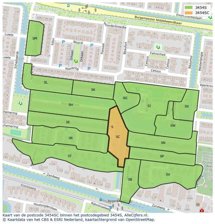 Afbeelding van het postcodegebied 3454 SC op de kaart.