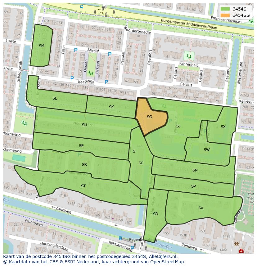 Afbeelding van het postcodegebied 3454 SG op de kaart.