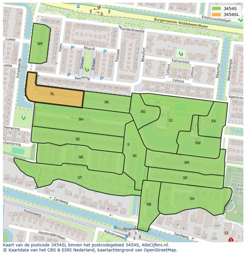 Afbeelding van het postcodegebied 3454 SL op de kaart.