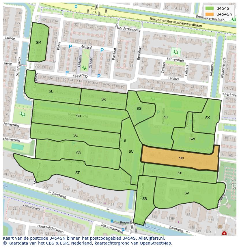Afbeelding van het postcodegebied 3454 SN op de kaart.