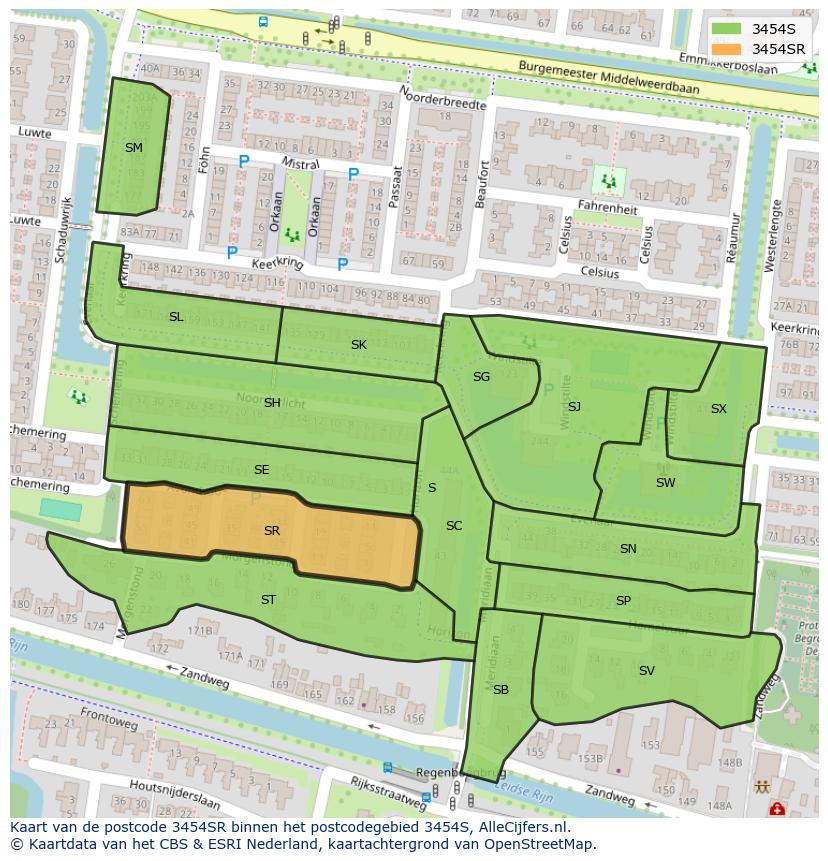 Afbeelding van het postcodegebied 3454 SR op de kaart.