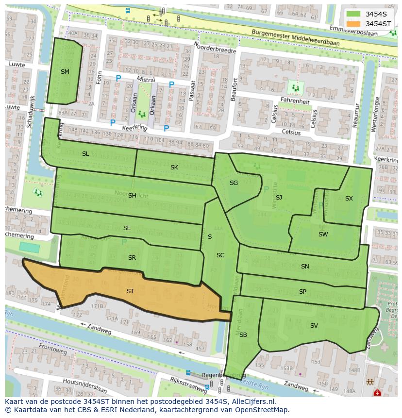 Afbeelding van het postcodegebied 3454 ST op de kaart.