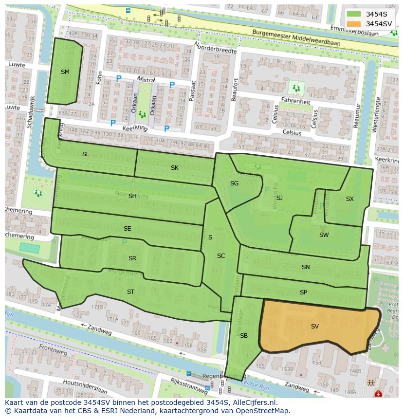 Afbeelding van het postcodegebied 3454 SV op de kaart.