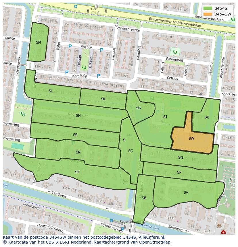 Afbeelding van het postcodegebied 3454 SW op de kaart.