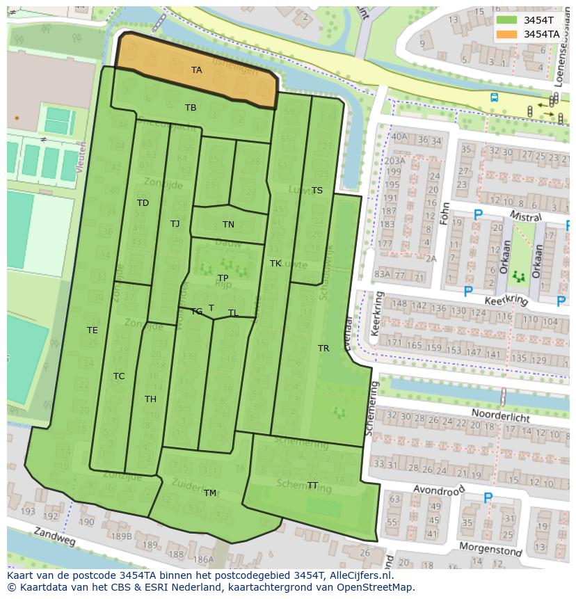 Afbeelding van het postcodegebied 3454 TA op de kaart.