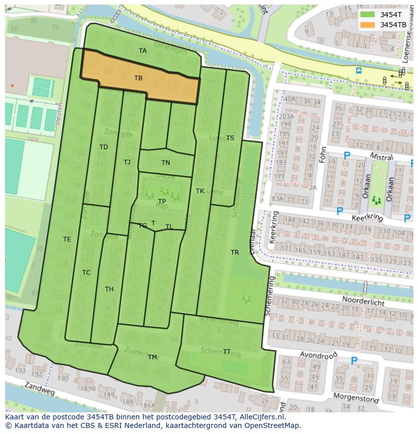 Afbeelding van het postcodegebied 3454 TB op de kaart.